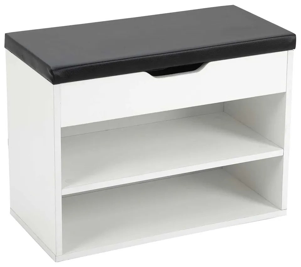 PANTOFAR TIP TABURET CU DEPOZITARE, 60X29.5X45 CM, ALB/NEGRU, SEZUT PIELE ECOLOGICA, PAL