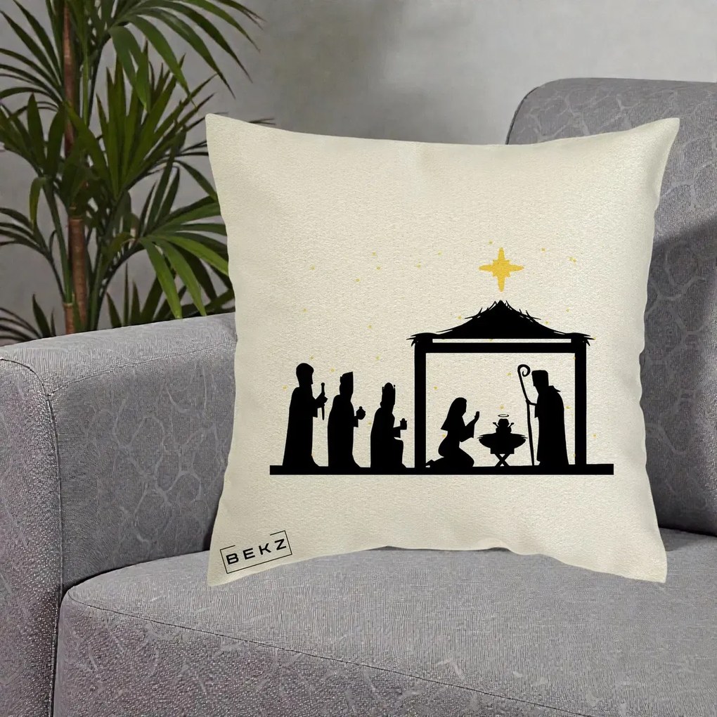 Perna Decorativa Nasterea Pruncului Silueta Neagra si Stea Aurie, 40x40 cm, Ecru, Husa Detasabila, Perna Inclusa, BEKZ®