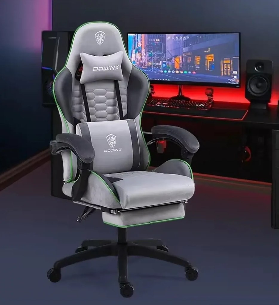 DOWINX Scaun gaming, ergonomic, suport lombar cu masaj, spătar reglabil, tetieră, suport pentru picioare, rezistent 150 kg, material textil, Gri