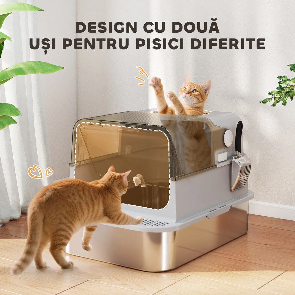 Litieră pentru Pisici PawHut XXL din Oțel Inoxidabil cu Capac Rabatabil la 90° Gri | Aosom Romania