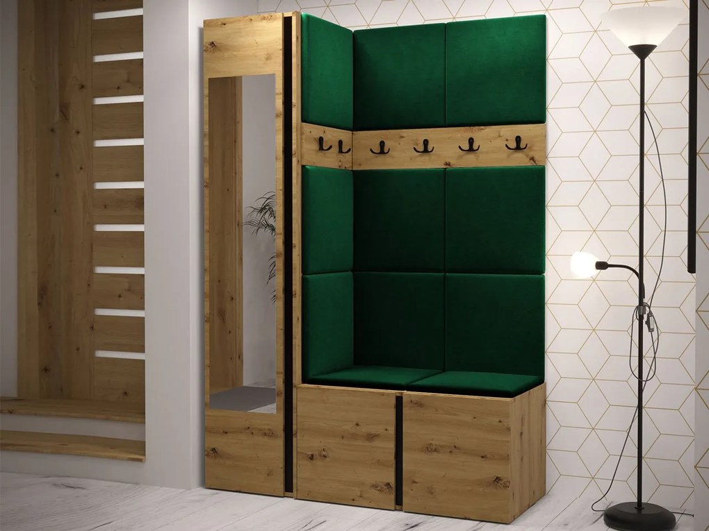 Mobilier hol Tovenaz X (Stejar artisan + Negru + Verde închis) (cu oglindă). 1104790