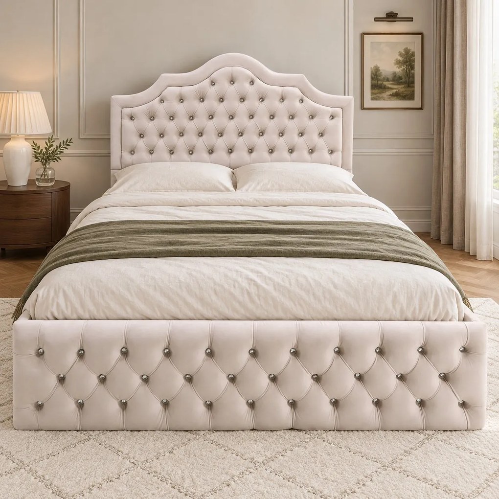 Pat tapițat Chesterfield din catifea Imperio Deluxe 140×200 cm, crem, cu ladă de depozitare