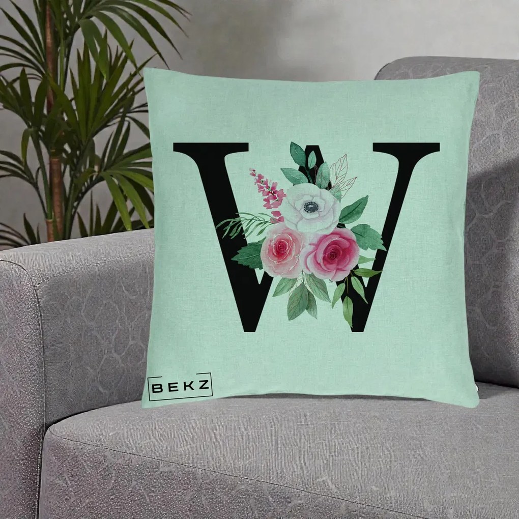 Cadou Personalizat - Perna Personalizata Monograma Florala Litera W cu Trandafiri si Anemona, 40x40 cm, Verde Menta, Husa Detasabila, Perna Inclusa, BEKZ®