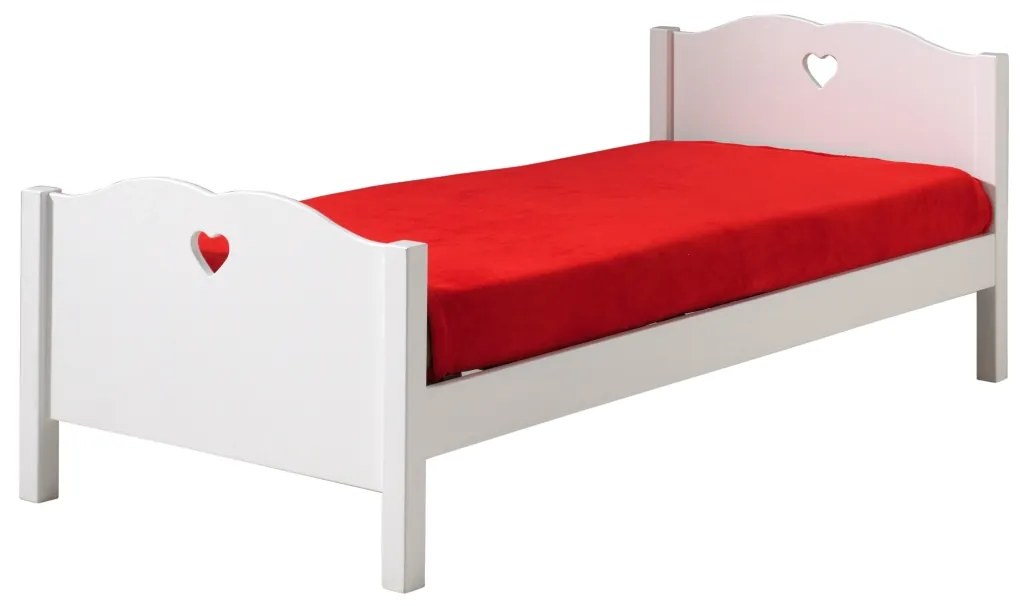Această combinație AMORI în alb este compusă dintr-un pat (90 x 200 cm) și somieră asortată cu cadru fix, o noptieră, un dulap cu 2 uși și un birou.