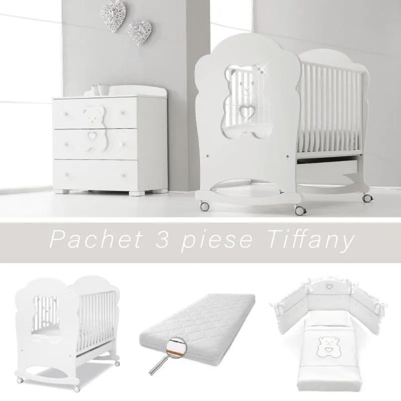 Pachet mobila 3 piese Patut + Saltea + Set Textil Protectie Tiffany