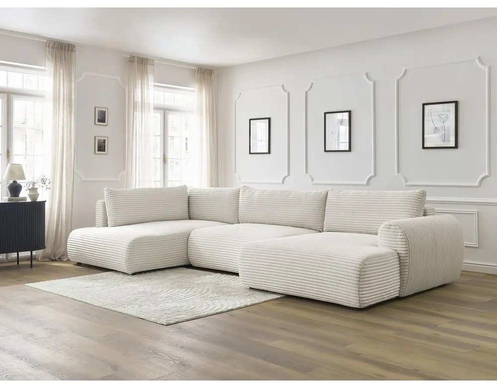 Colțar crem extensibil/cu spațiu de depozitare cu tapițerie din catifea reiată (cu colț pe partea stângă/în formă de "U") Lucien – Bobochic Paris