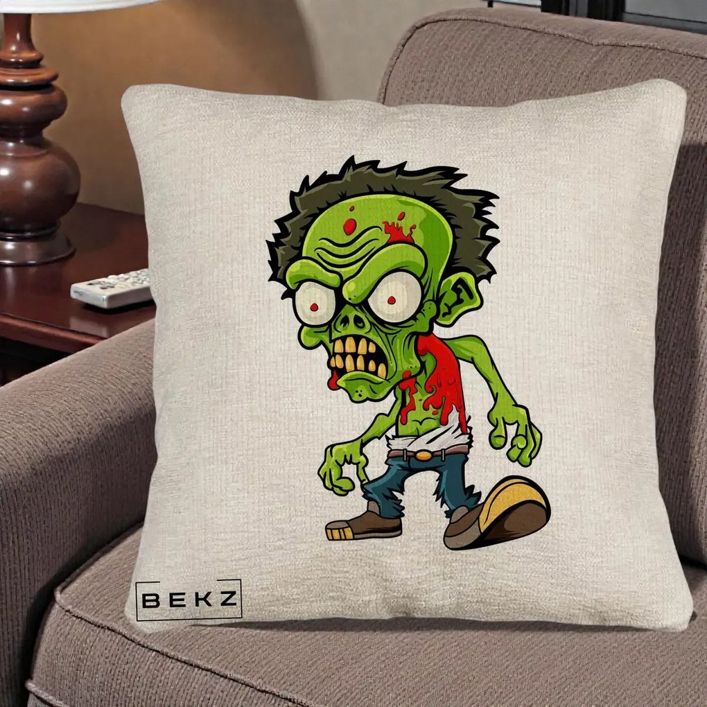 Perna Decorativa Zombie Halloween, 40x40 cm, Bej Canapea, Husa Detasabila, Perna Inclusa, BEKZ®