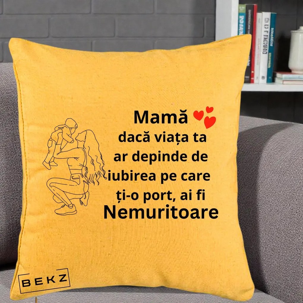 Cadou pentru Mama - Perna Personalizata Mama Nemuritoare Portret Graphic, 40x40 cm, Galben, Husa Detasabila, Perna Inclusa, BEKZ®