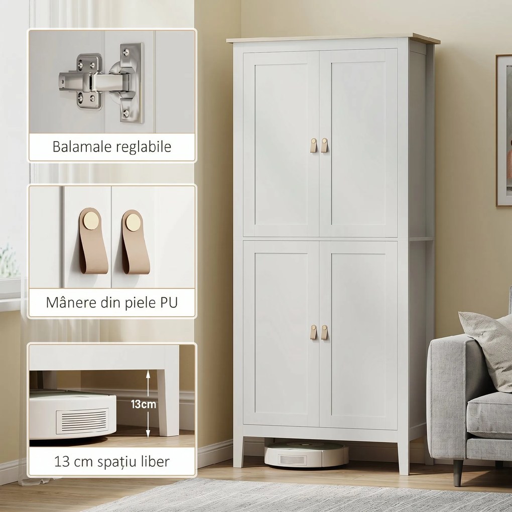 HOMCOM Bufet Înalt de Bucătărie 177 cm, Dulap cu Lumină LED, Reglabil în 3 Culori, Rafturi Ajustabile, Alb | Aosom Romania