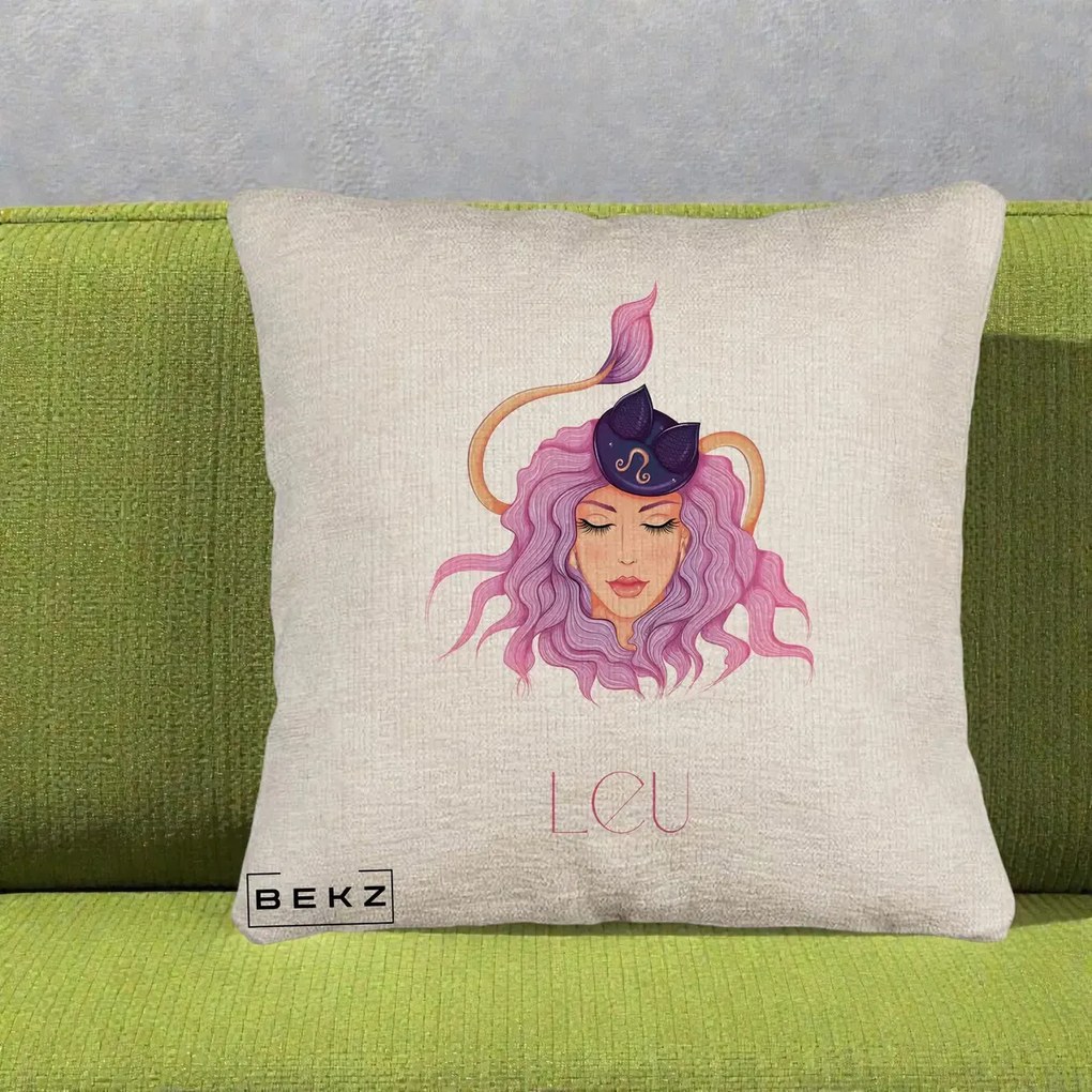 Perna Personalizata Zodie Leu, 40x40 cm, Bej Canapea, Husa Detasabila, Perna Inclusa, BEKZ®