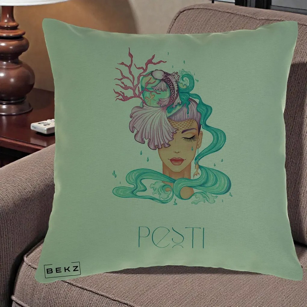 Perna Personalizata Zodiac Pesti Cowgirl, 40x40 cm, Verde, Husa Detasabila, Perna Inclusa, BEKZ®