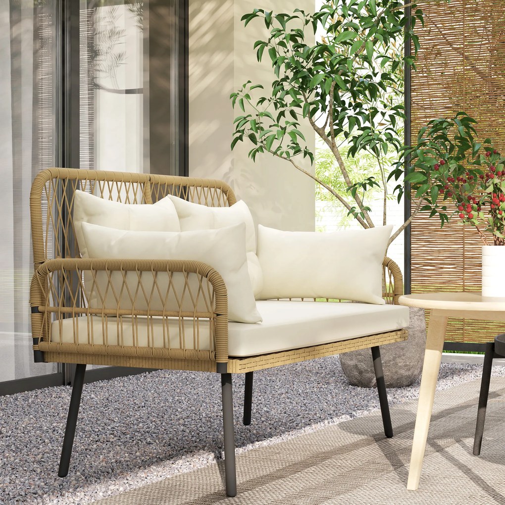 Outsunny Canapea de grădină cu perne Canapea 2 locuri Outdoor Balcon Canapea din ratan Polyrattan 115 x 61 x 82 cm Lemn natural | Aosom Romania
