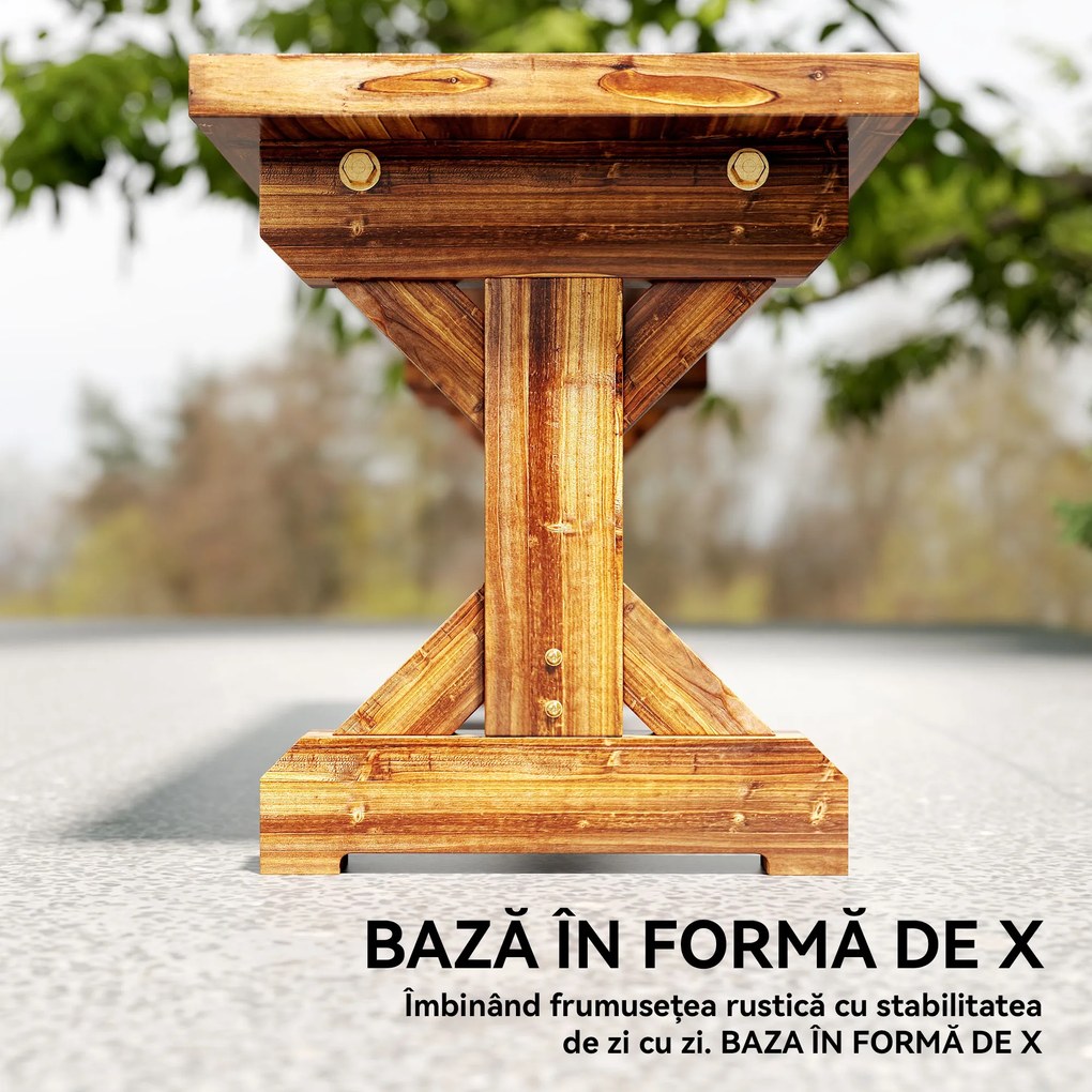 Outsunny Bancă de Grădină cu 2 Locuri din Lemn de Brad cu Bază în Formă de X, Bancă Rustică pentru Exterior Fără Spătar, pentru Patio, Verandă, Balcon, 114L x 40l x 46h cm, Finisaj Carbonizat | Aosom Romania