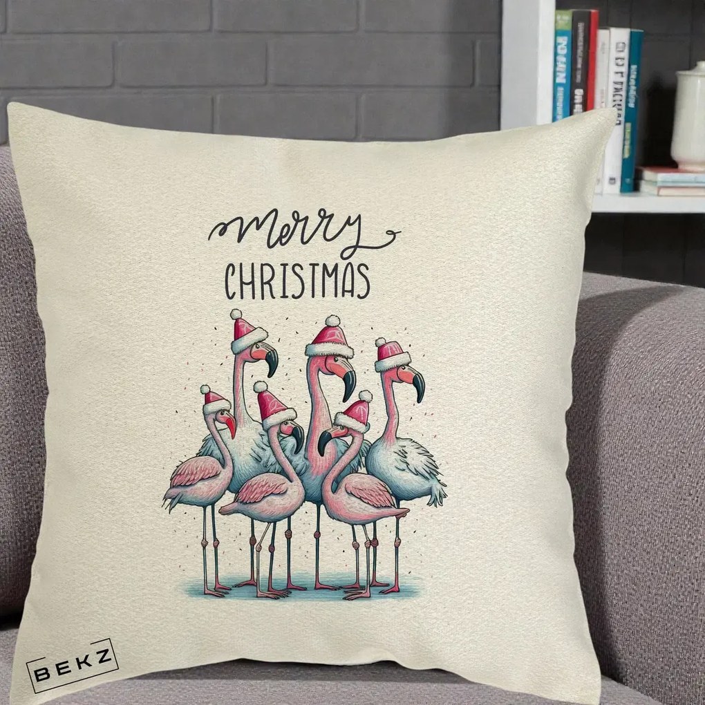 Perna Decorativa Flamingo Merry Christmas, 40x40 cm, Ecru, Husa Detasabila, Perna Inclusa, BEKZ®