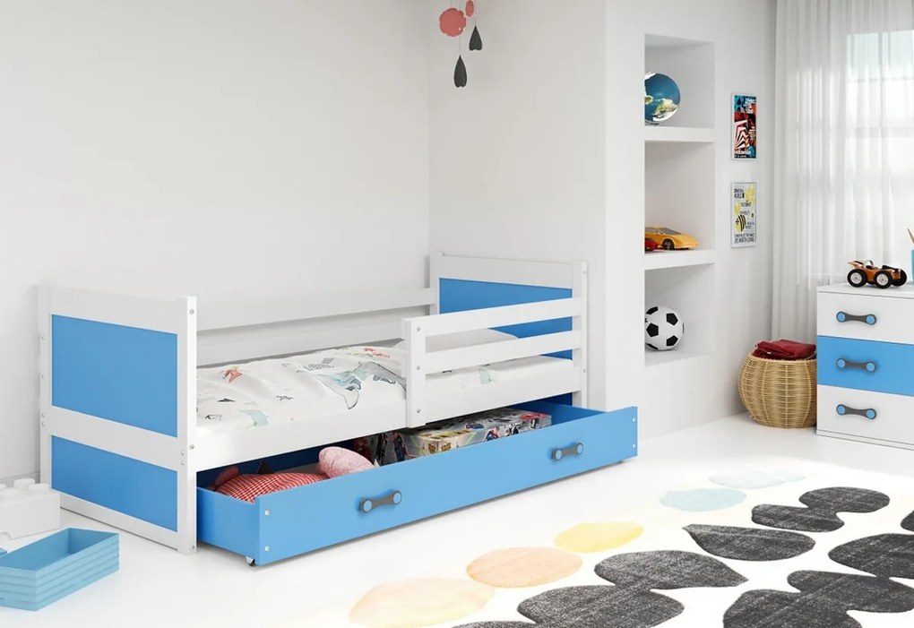 Supermobel Pat pentru copii FIONA P1 COLOR + SD + saltea + somieră GRATIS, 90x200 cm, alb, albastru ca cerul