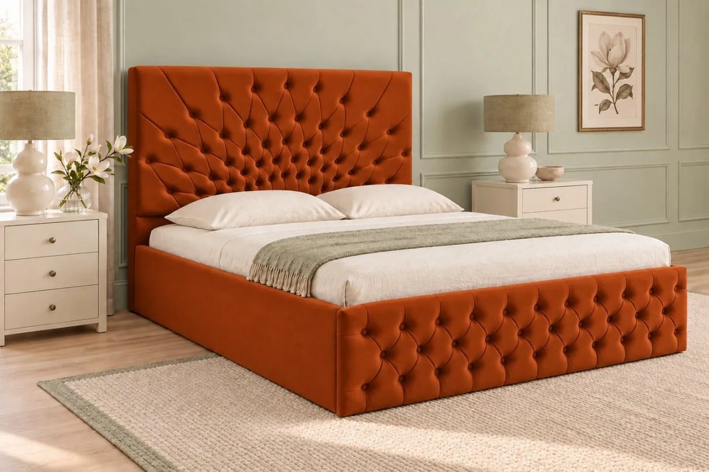 Pat tapițat Chesterfield din catifea Venezia 180×200 cm, cărămiziu, cu ladă de depozitare