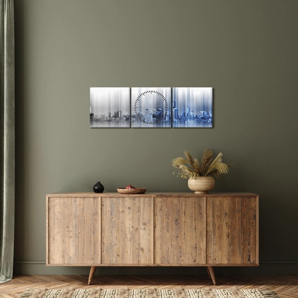 Tablou - Panorama orașului, albastru-gri (cu ceas) (90x30 cm)