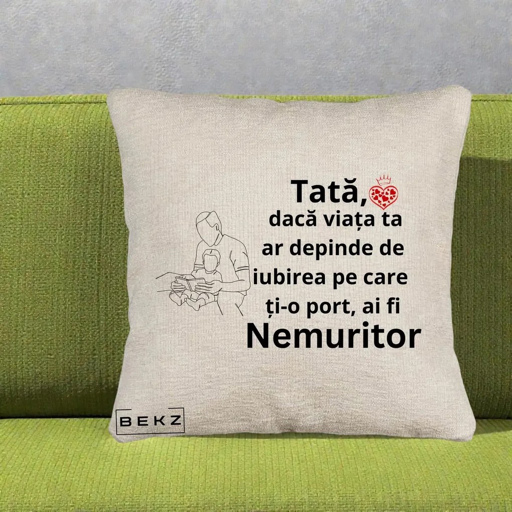Cadou pentru Tata - Perna Personalizata Tata Nemuritor Lectura, 40x40 cm, Bej Canapea, Husa Detasabila, Perna Inclusa, BEKZ®