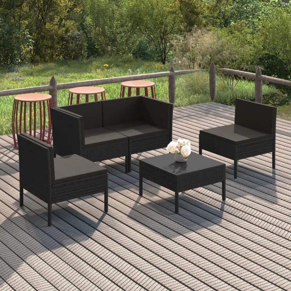 Set mobilier de grădină cu perne, 5 piese, negru, poliratan