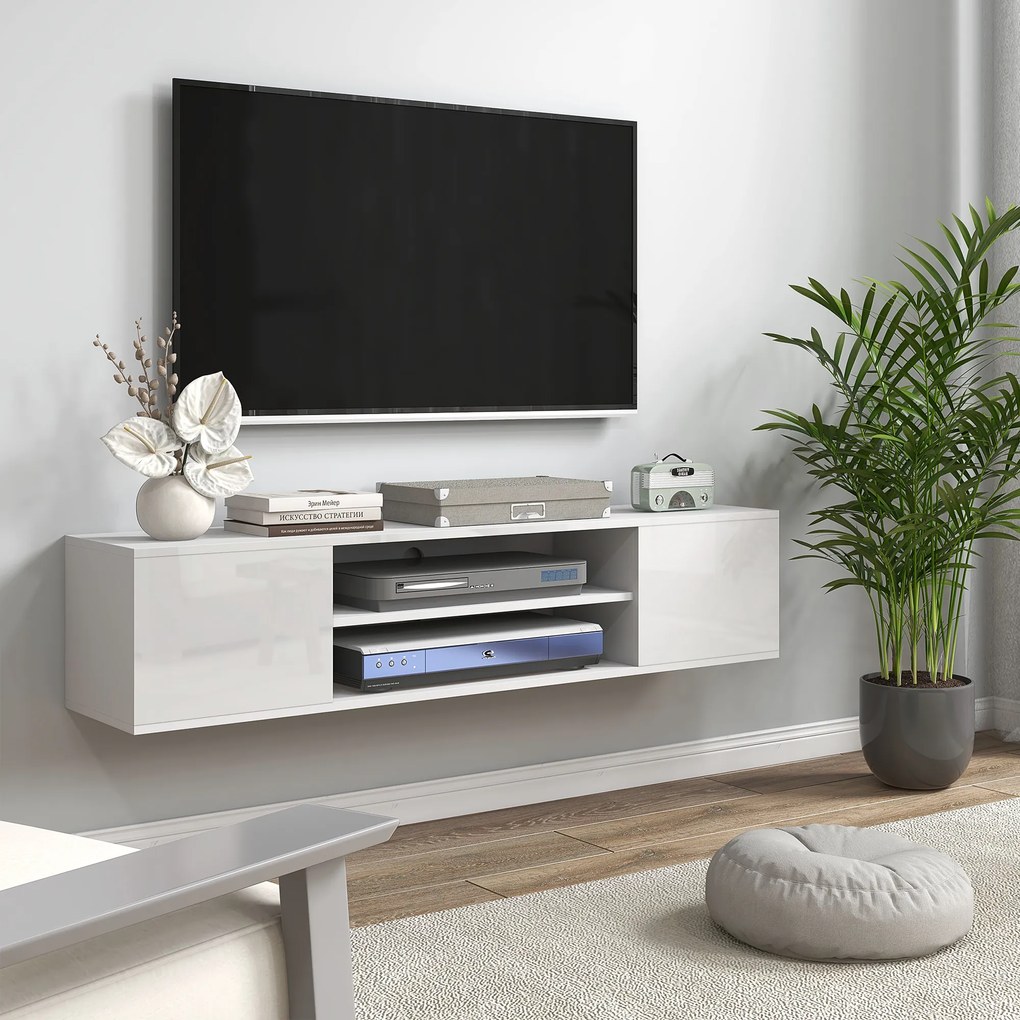 HOMCOM Dulap TV suspendat pe perete, stil contemporan, 2 dulapuri, 2 rafturi centrale, 2 orificii pentru cabluri, 140x30x30 cm, alb | Aosom Romania
