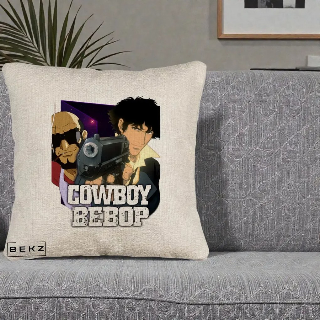 Perna Personalizata Cowboy Bebop Spike si Jet Poster, 40x40 cm, Bej Canapea, Husa Detasabila, Perna Inclusa, BEKZ®