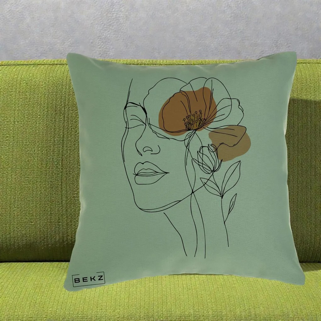 Perna Decorativa Portret Feminin Mac Profilat, 40x40 cm, Verde, Husa Detasabila, Perna Inclusa, BEKZ®