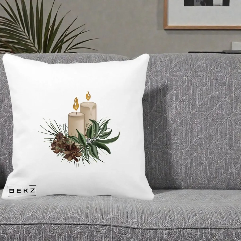 Perna Decorativa Lumanari cu Ilex si Conuri Ilustratie, 40x40 cm, Alba Mata, Husa Detasabila, Perna Inclusa, BEKZ®