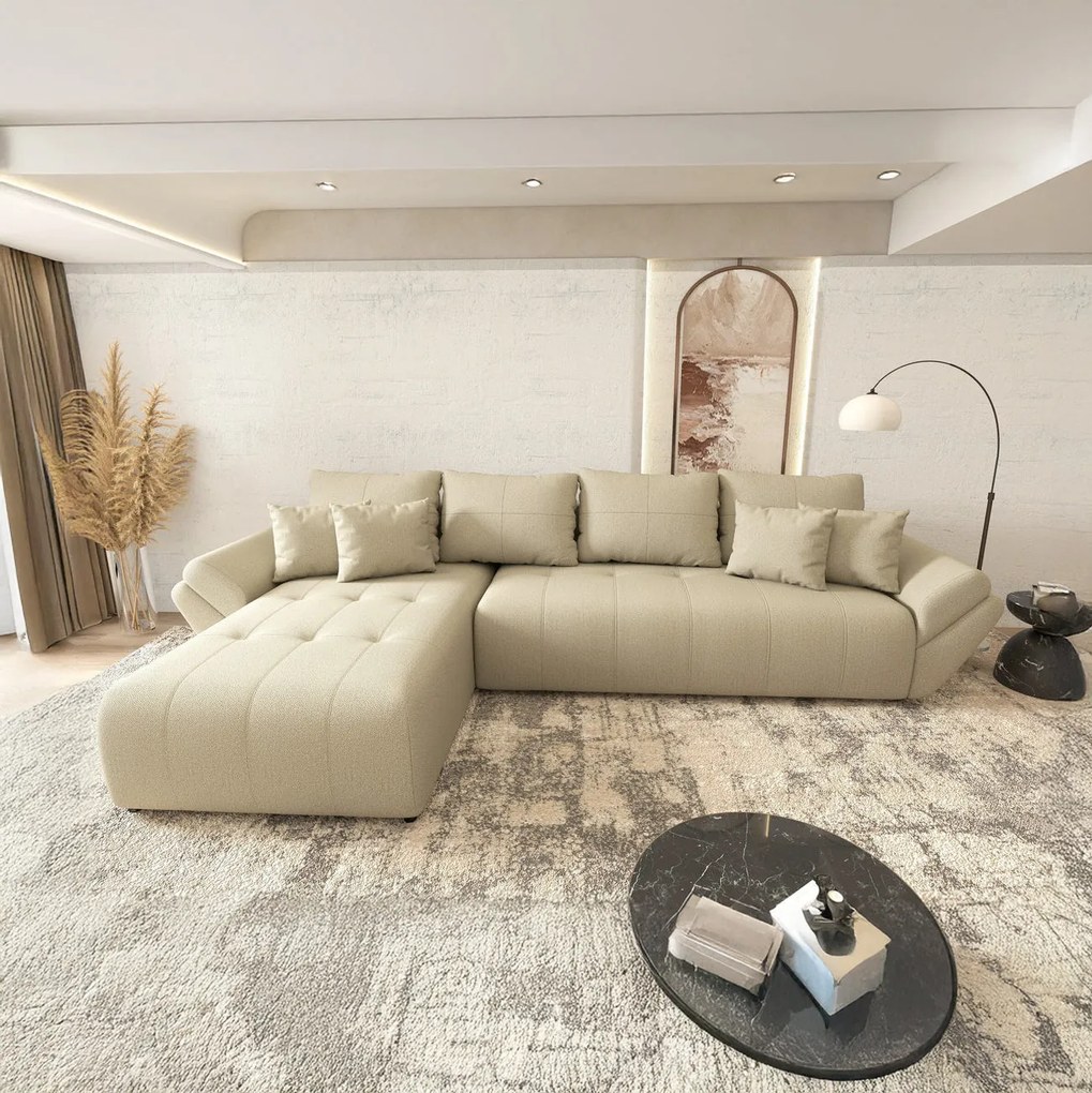 Colțar extensibil dumonde cu ladă de depozitare si sezut confortabil din spuma high-density, Berlin XL Enjoy Camel 350x185 cm