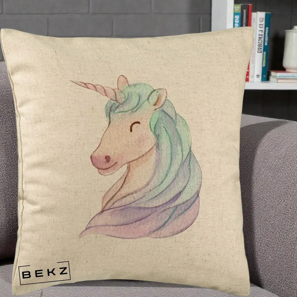 Perna Decorativa Unicorn Acuarela Pastel, 40x40 cm, Bej, Husa Detasabila, Perna Inclusa, BEKZ®