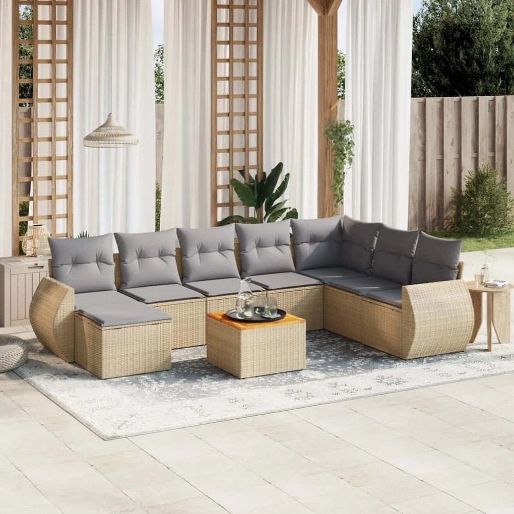vidaXL Set canapele de grădină, 9 piese, cu perne, bej, poliratan