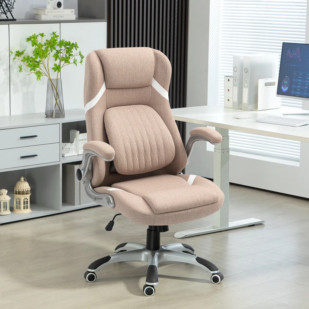 Vinsetto Scaun de Birou Ergonomic cu Brațe Rabatabile, Tetieră, Suport Lombar și Înălțime Reglabilă, 68x76x117 cm, Maro | Aosom Romania