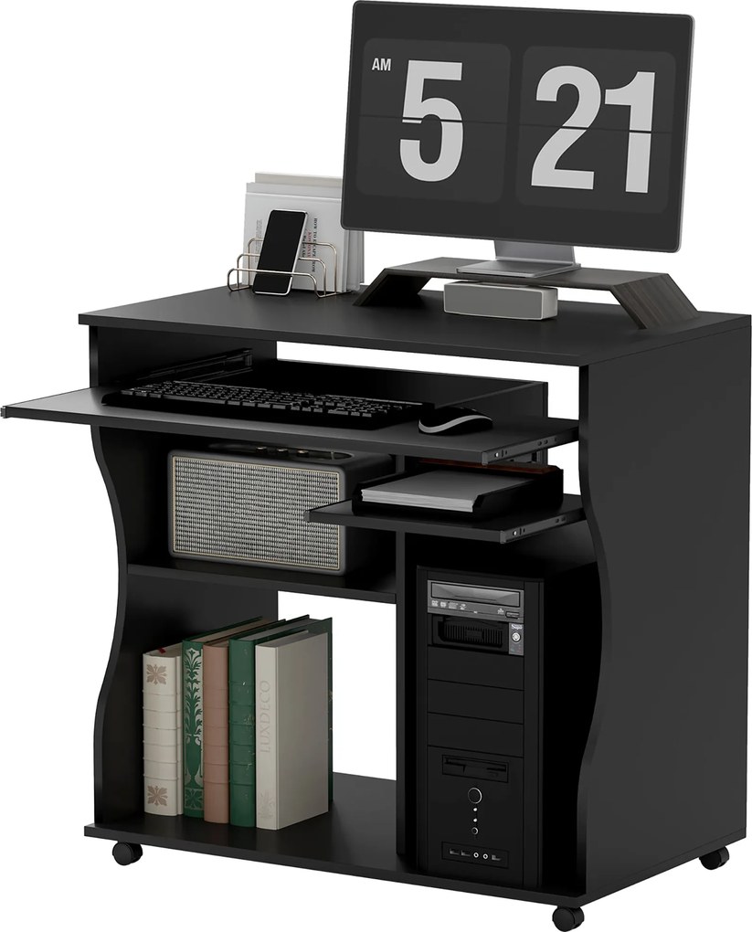 HOMCOM Birou PC pe roți, birou cu spațiu de depozitare, 80 x 48 x 75 cm, Negru | Aosom Romania
