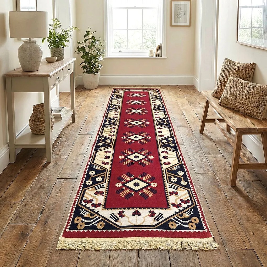 Traversa hol tesuta traditional, 80x300 cm, 2 fete, model etnic, rosu