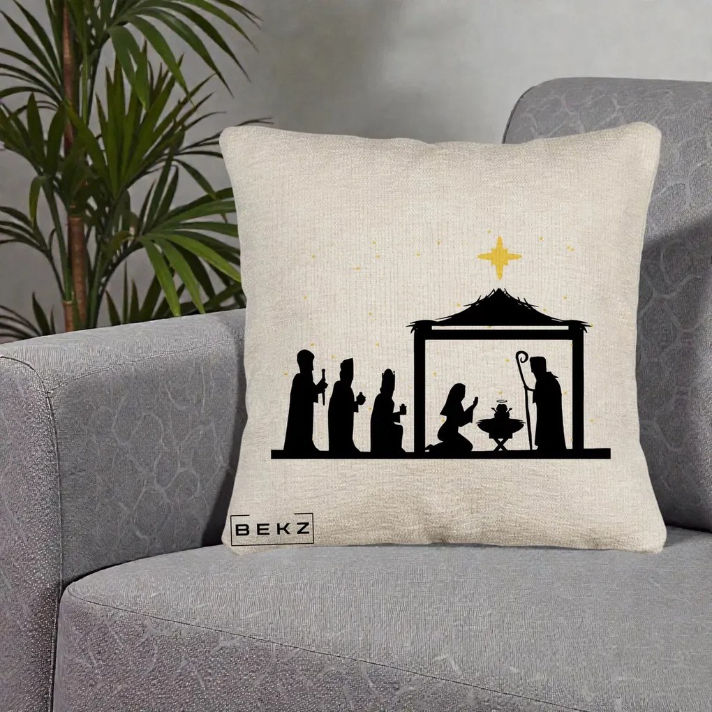 Perna Decorativa Nasterea Pruncului Silueta Neagra si Stea Aurie, 40x40 cm, Bej Canapea, Husa Detasabila, Perna Inclusa, BEKZ®