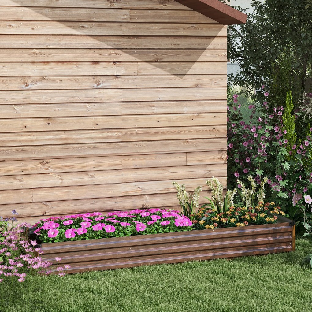 Outsunny Pat de Grădină Ridicat 405L, Jardiniere de Exterior din Oțel Galvanizat cu Bază Deschisă, pentru Plante, Flori și Legume, 240x60x30 cm, Imitație Lemn Închis | Aosom Romania