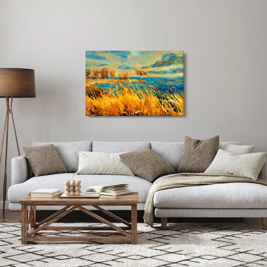 Tablou - Apus de soare peste lac, pictură acrilică (90x60 cm)