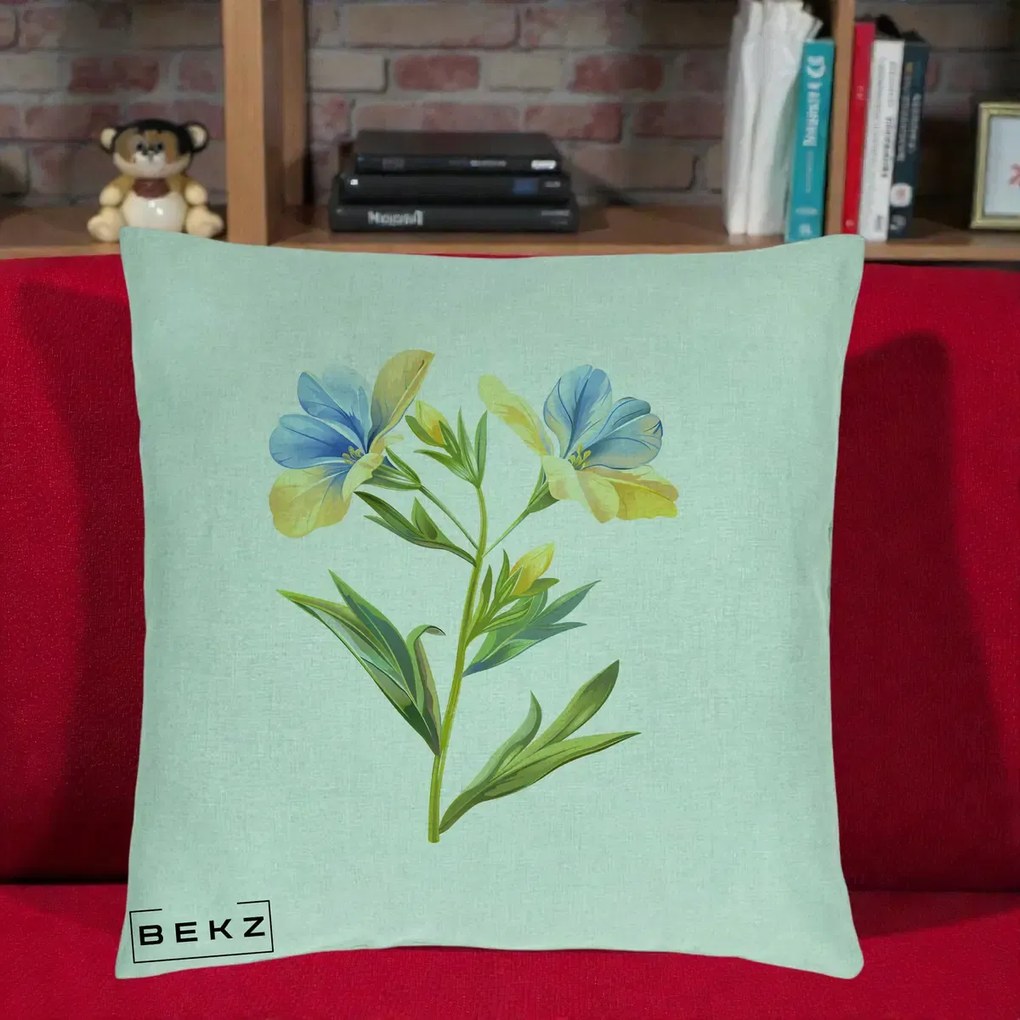 Perna Decorativa Botanica Frezie Galbena si Albastra, 40x40 cm, Verde Menta, Husa Detasabila, Perna Inclusa, BEKZ®