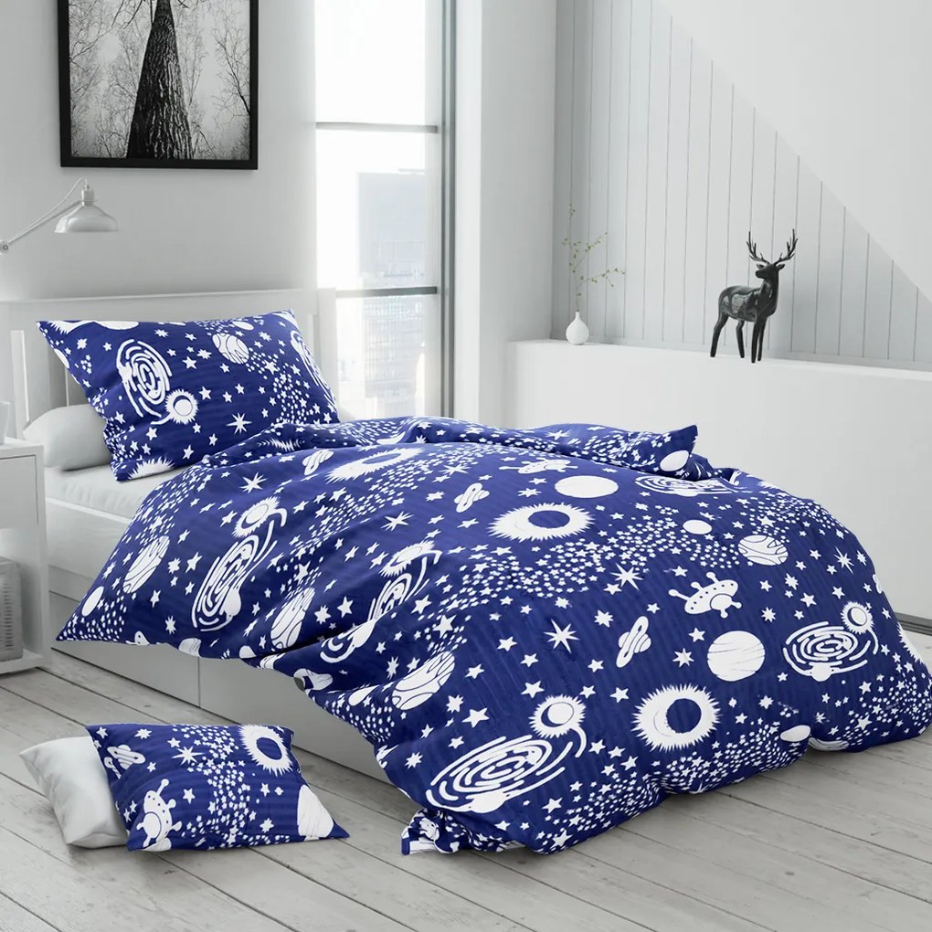 Lenjerie de pat creponata SPACE albastru + fata de perna 40 x 50 cm gratuit