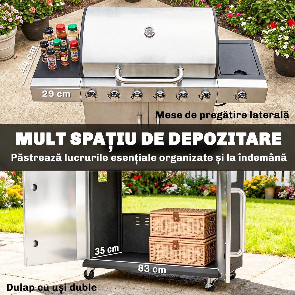 Outsunny Grătar pe Gaz, 6 Arzătoare, Arzător Lateral, Grilaj din Fontă, Dulap Inclus | Aosom Romania