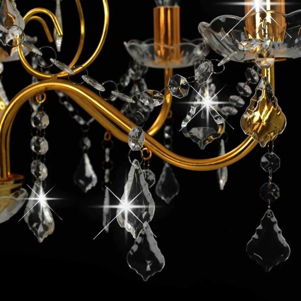 Candelabru cu margele de cristal, auriu, rotund, 6 x E14