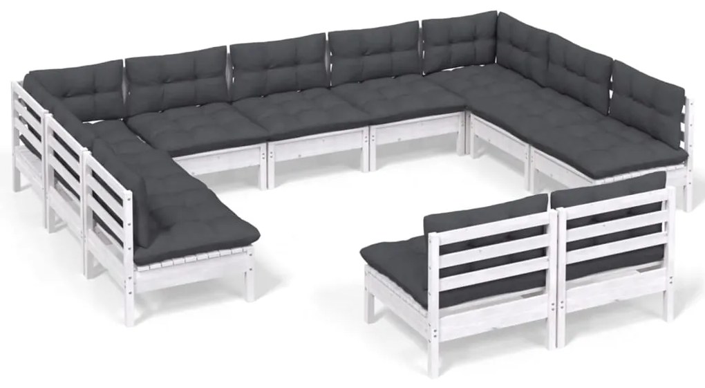 Set mobilier de gradina cu perne, 11 piese, alb lemn masiv pin Alb, 1