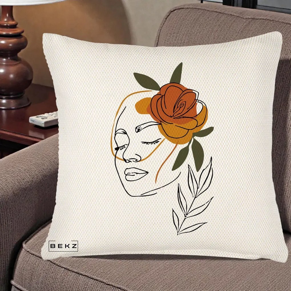 Perna Decorativa Portret Feminin Trandafir Ruginiu, 40x40 cm, Crem Reliefat, Husa Detasabila, Perna Inclusa, BEKZ®