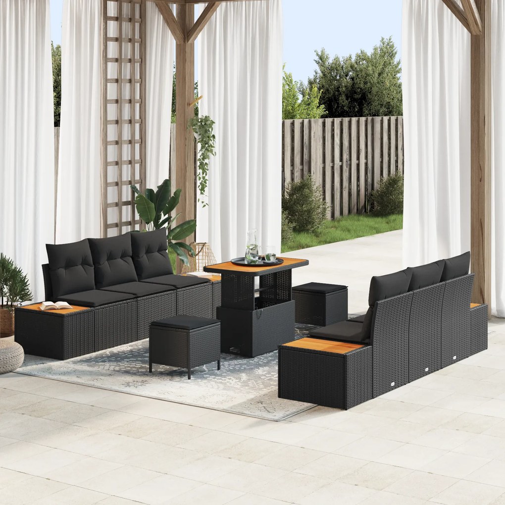 Set de canapea de grădină vidaXL cu 9 piese cu perne Negru Ratan Poli Acacia