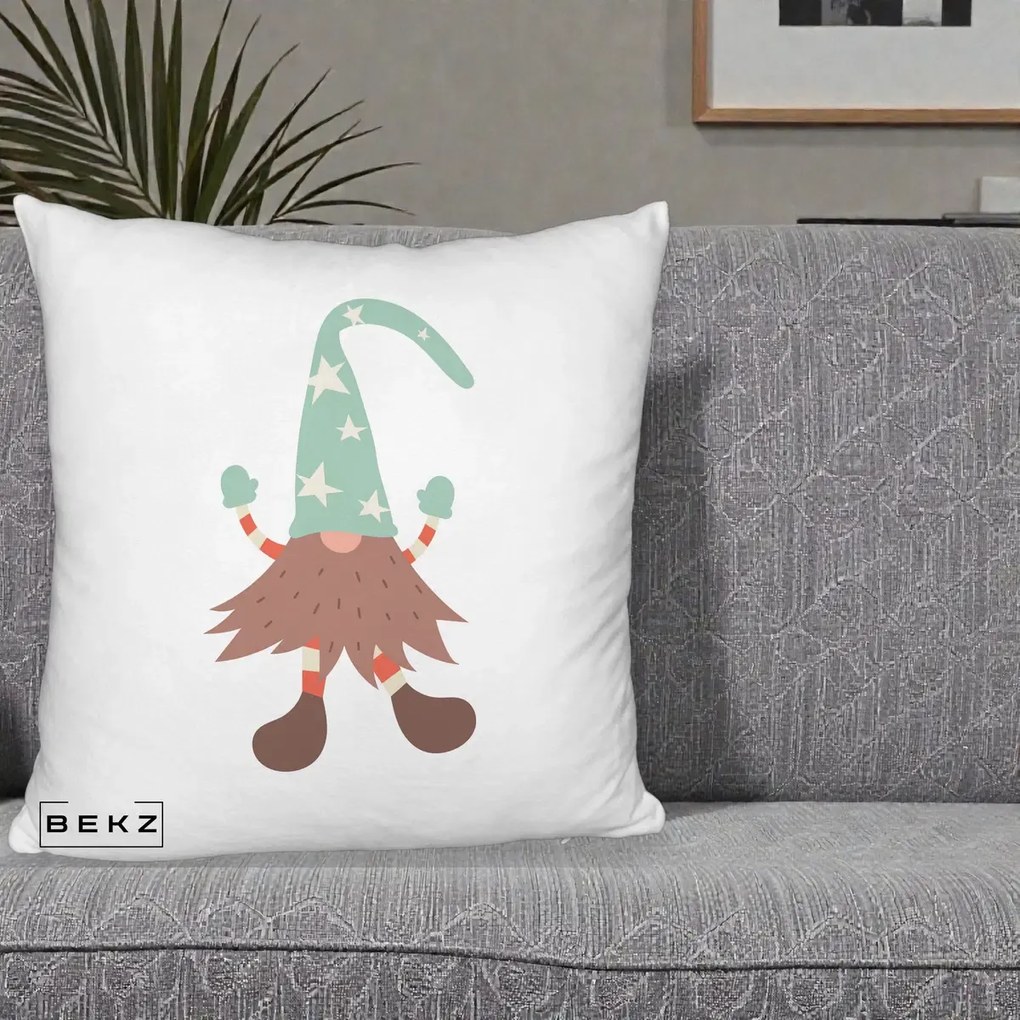 Perna Decorativa Pitic Gnom Nordic cu Cadou Menta, 40x40 cm, Alb Pufos, Husa Detasabila, Perna Inclusa, BEKZ®
