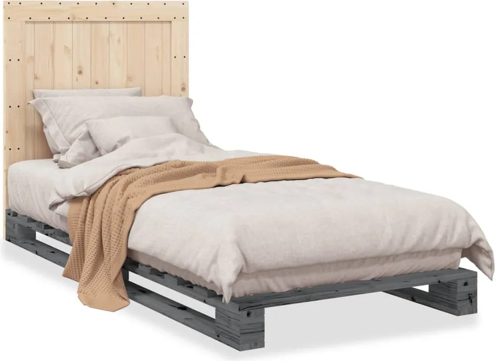 vidaXL Cadru de pat cu tăblie, gri, 90x200 cm, lemn masiv de pin