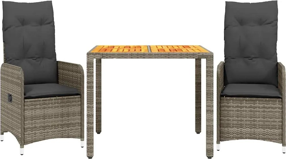 vidaXL Set bistro de grădină cu perne, 3 piese, gri, poliratan