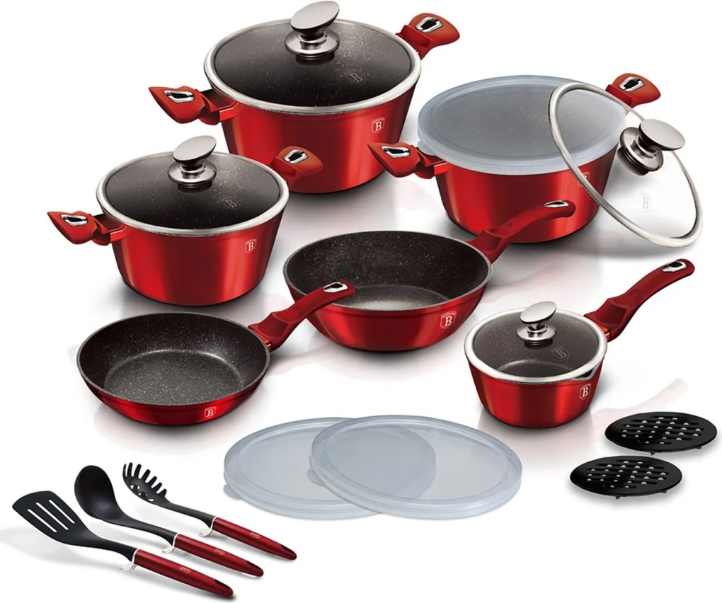 Set de oale si tigai cu capace, marmorate, 18 piese Burgundy Metalic Line Berlinger Haus BH 7035