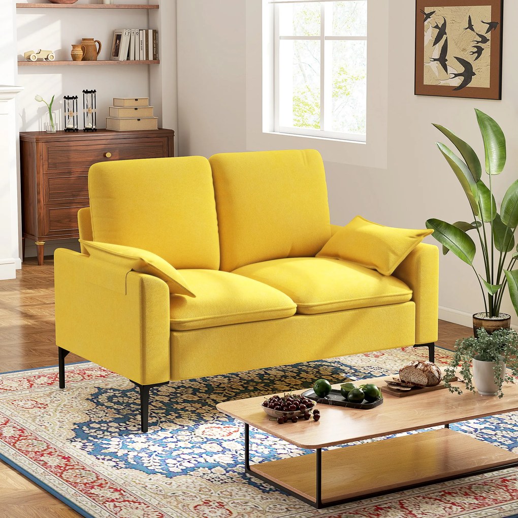 HOMCOM Divan cu Două Locuri Îmbunătățit în Material Textil de Tip Spugna cu Perne Detașabile, Divan Compact Modern cu Brațe și Picioare Metalice pentru Sufragerie, Dormitor, 130x77x84 cm, Galben | Aosom Romania