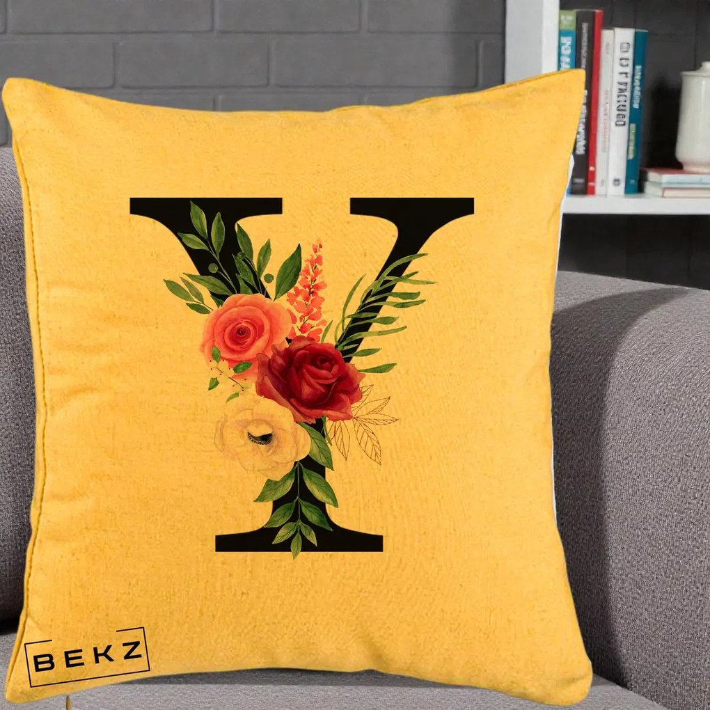 Cadou Personalizat - Perna Personalizata Monograma Florala Litera Y cu Buchet, 40x40 cm, Galben, Husa Detasabila, Perna Inclusa, BEKZ®