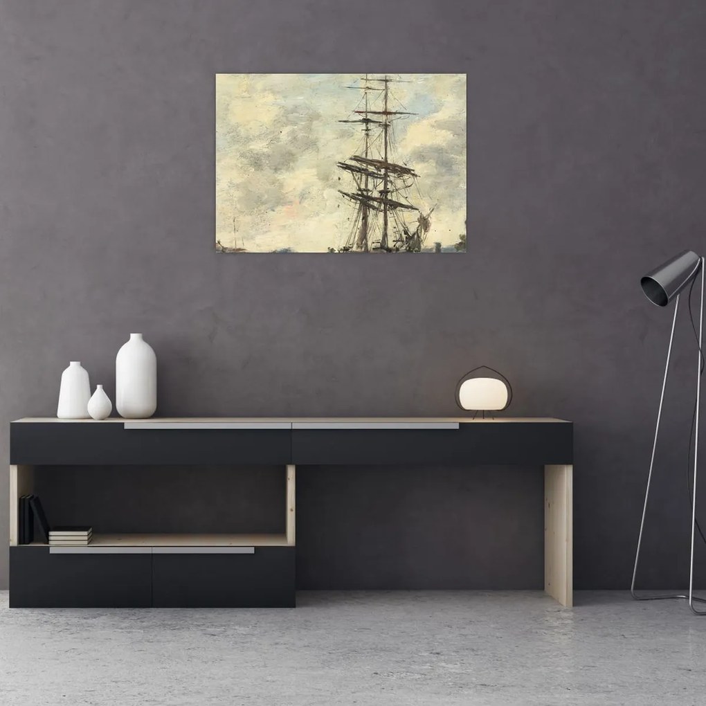 Tablou pe sticlă - Eugène Boudin, Ship on the Touques, reproducere (70x50 cm)
